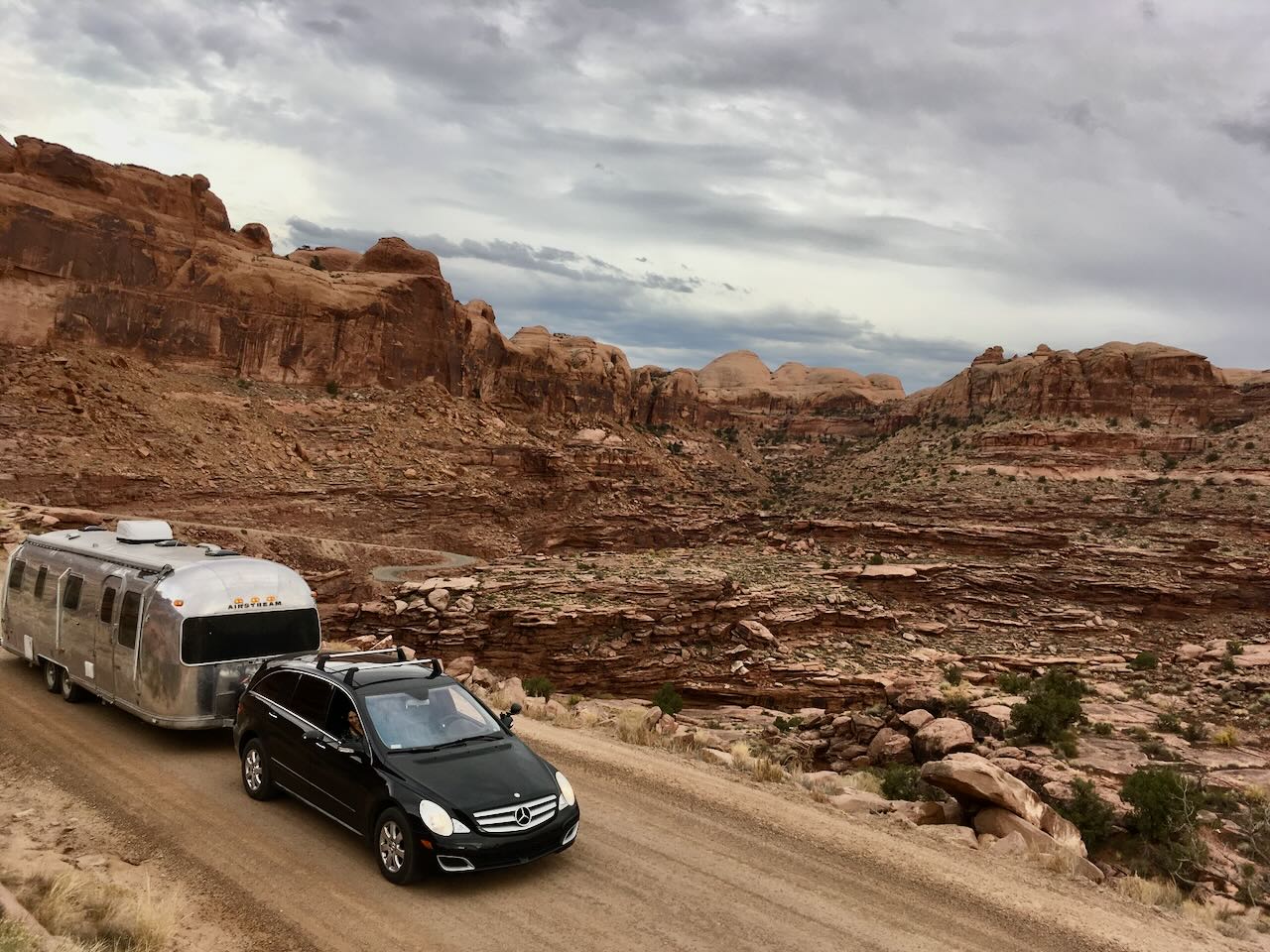 Towing the Airstream down a dirt road through red rock canyon country